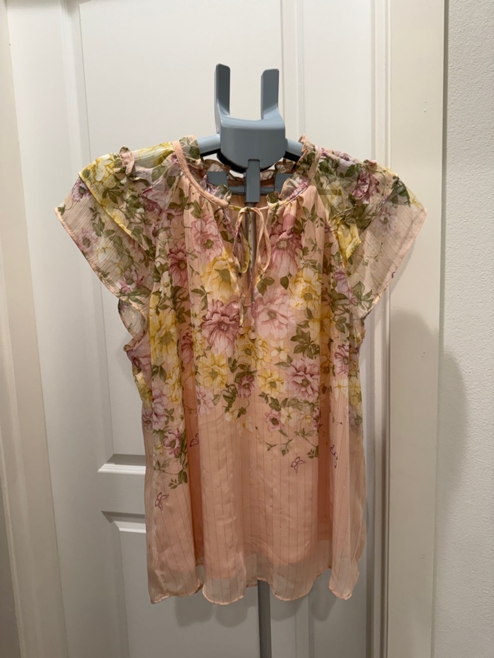 Peach Floral Short-Sleeve Tie-Neck Blouse